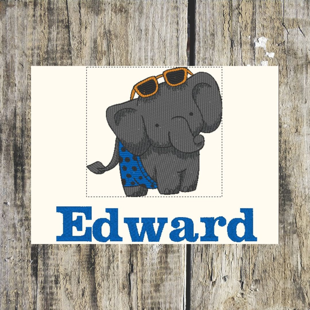 This fabulous beach elephant is just so much fun and when its personalised with a name its the perfect to then embroider onto hand towels, Bath towels, Bath sheets and hooded towels to order at Coralie's Crafts & Gifts in Dorset
