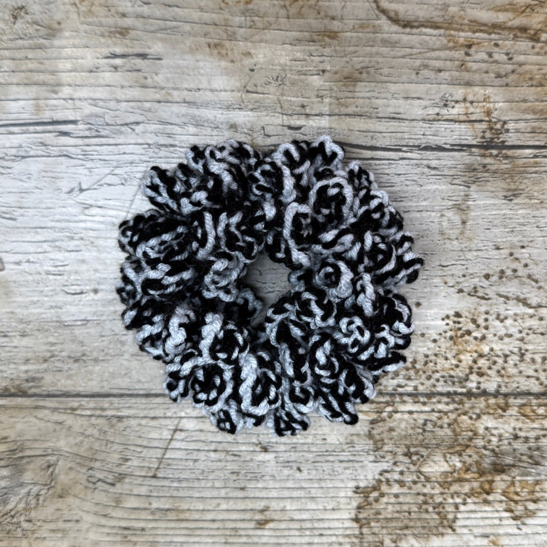 Black & White Crocheted Scrunchie, made by crocheting 2 strands of 4 ply yarn together, by Coralie at Coralie's Crafts & Gifts, perfect gift for any scrunchie lover with long hair.