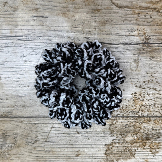 Black & White Crocheted Scrunchie, made by crocheting 2 strands of 4 ply  yarn  together, by Coralie at Coralie's Crafts & Gifts, perfect gift for any scrunchie lover with long hair.