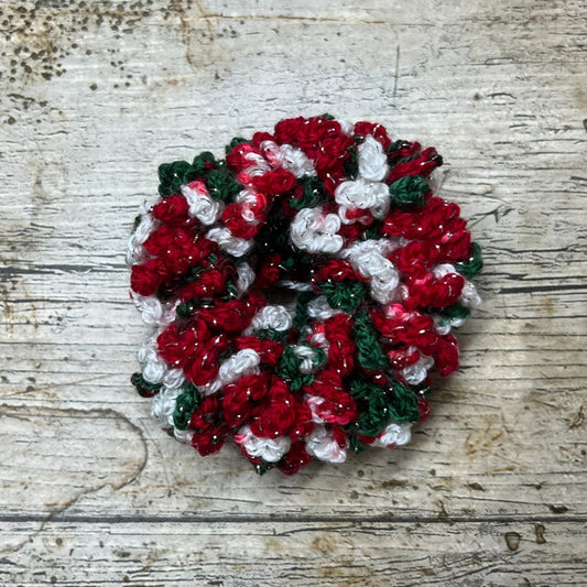 Gorgeous Christmas Scrunchie with a touch of sparkle and thin strands of metalic thread running through it, hand made and crocheted by Coralie, at Coralie's Crafts & Gifts.