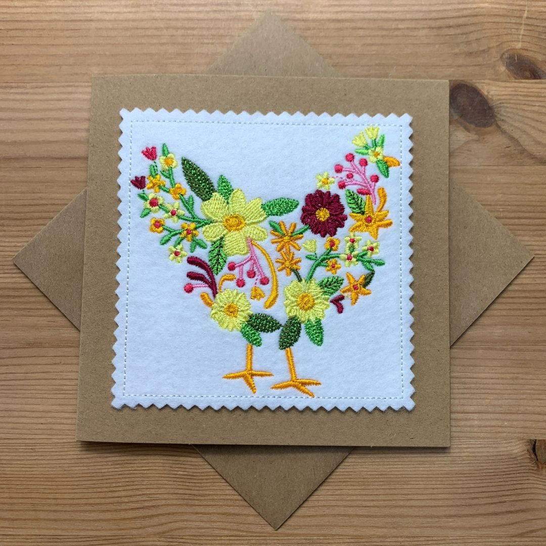 Beautiful Floral Chicken Card design embroidered onto to felt, then cut out and made into a card. Not just a card but also a keepsake item too.