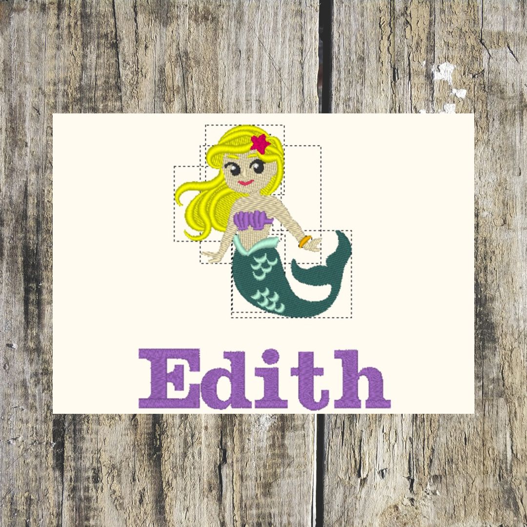 Layout of a Mermaid character with 'Edith' text on a wooden background for personalised towels