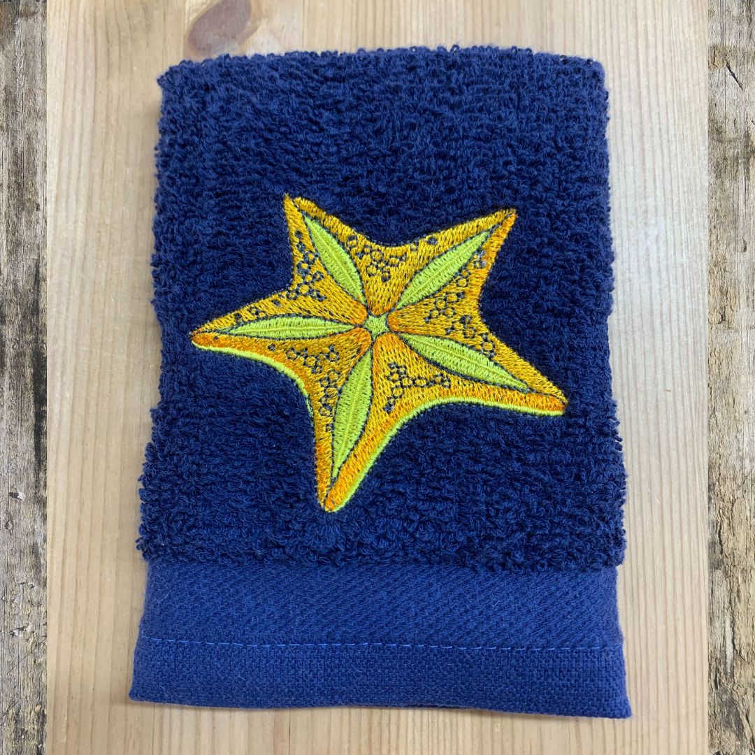 A beautiful brightly coloured Starfish that will brighten up any ones day, embroidered onto super soft face cloths, by Coralie's Crafts & Gifts in Dorset.