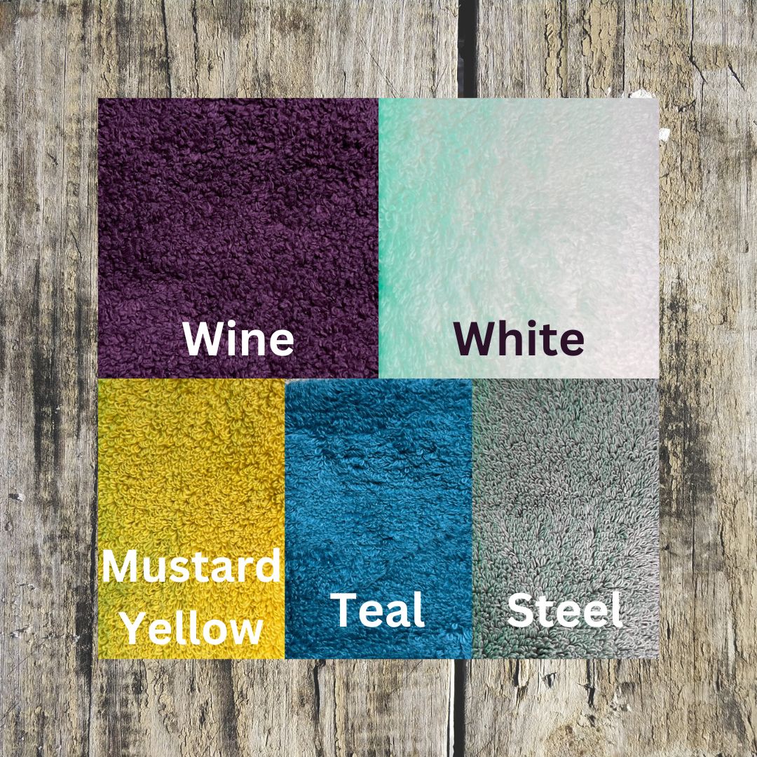 Face cloths Colours that you can choose from, this photo includes the following colours:- Wine, White, Mustard Yellow, Teal and Steel