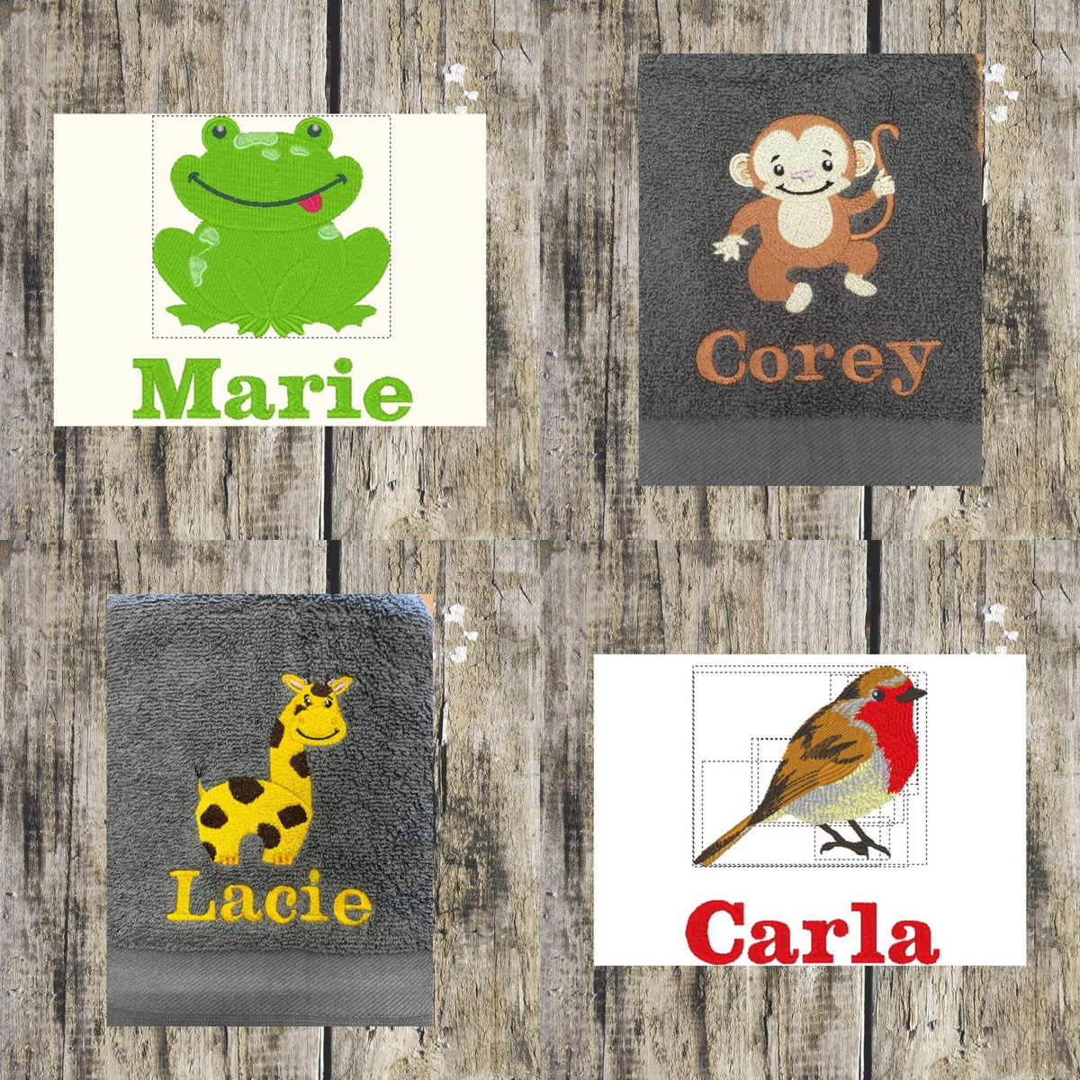 Beautiful frog, monkey, giraffe and robin designs layouts with personalised  names underneath each one