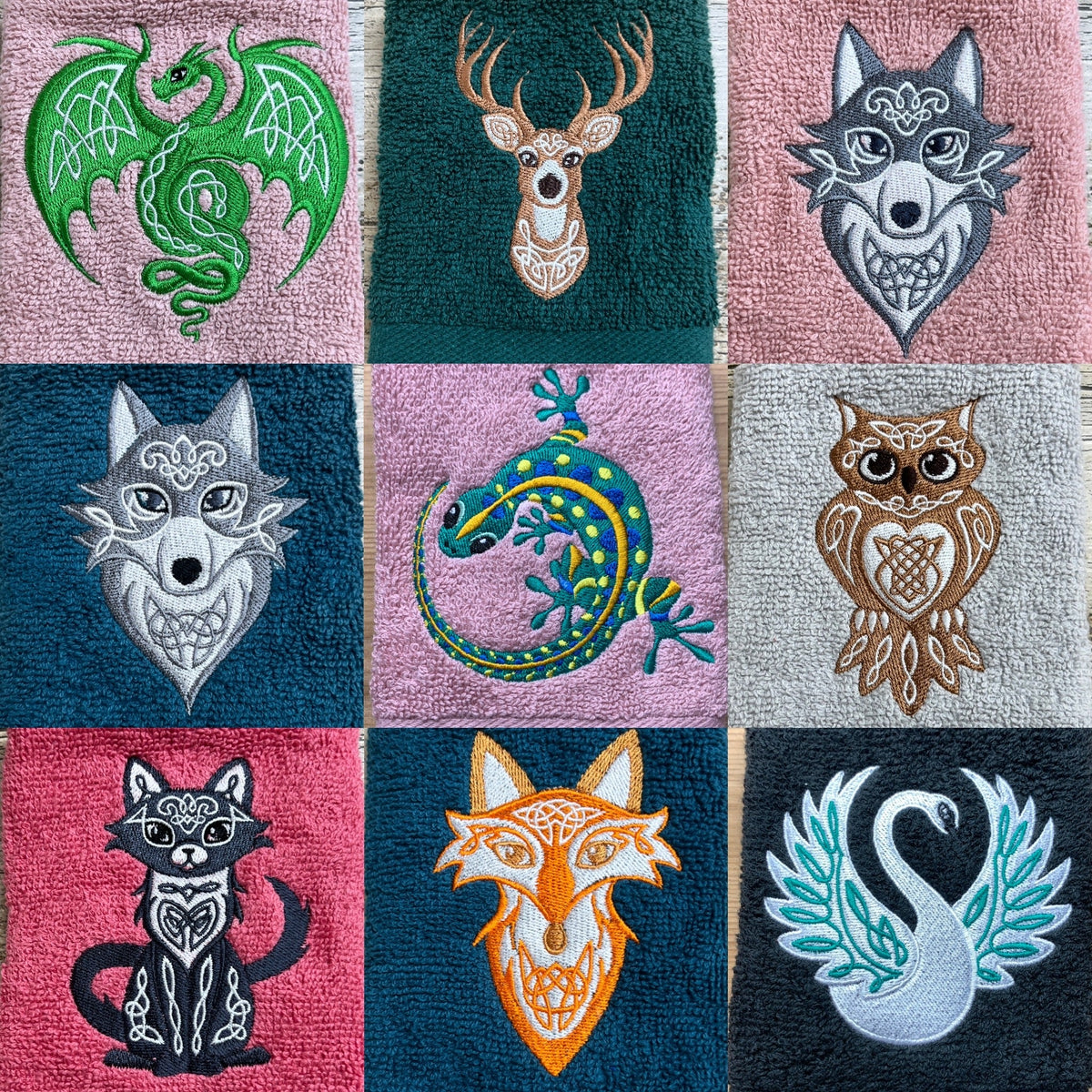 Wonderful Celtic and funky animal designs are in this group. All designs are embroidered onto super soft face cloths at Coralie's Crafts & Gifts