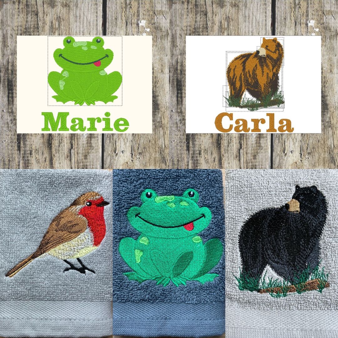 Mixture of animal designs in this category, frog personalised, bear personalised, bear face cloth, frog face cloth, robin face cloth