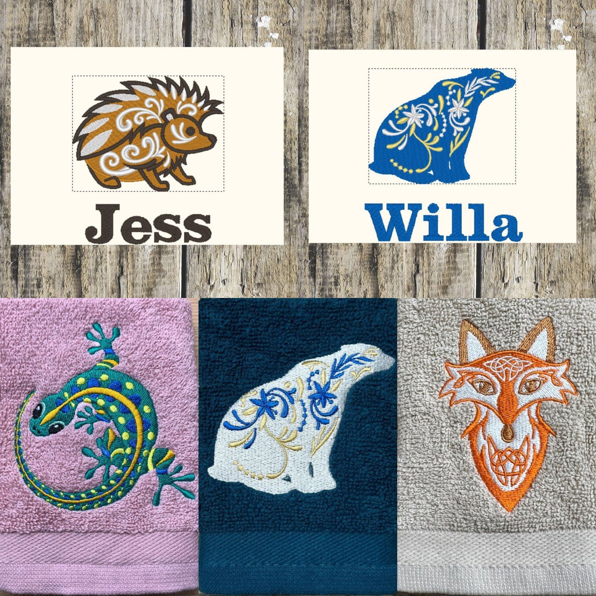 Gorgeous designs with a hint of Celtic and funky quirks to the designs, this is showcasing funky gecko, funky polar bear and celtic fox on face cloths, Celtic hedgehog and funky polar bear are shown in a layout personalised with a name. 