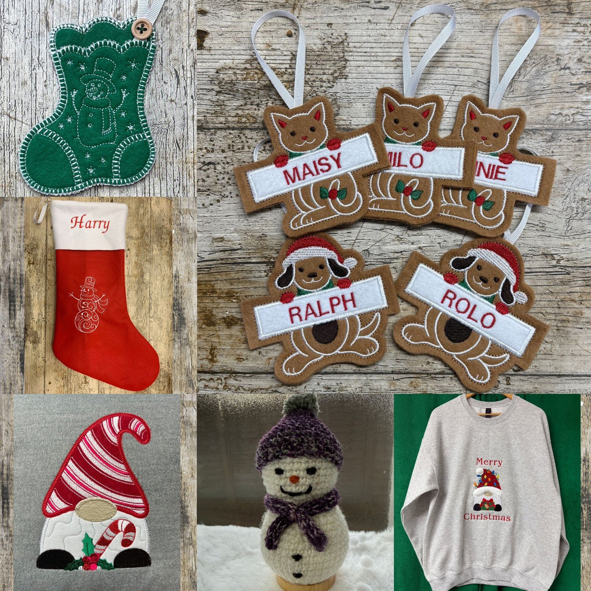 Fabulous Christmas gifts ranging from Stockings to cushions, personalised Gingerbread Decorations & crocheted Snowman