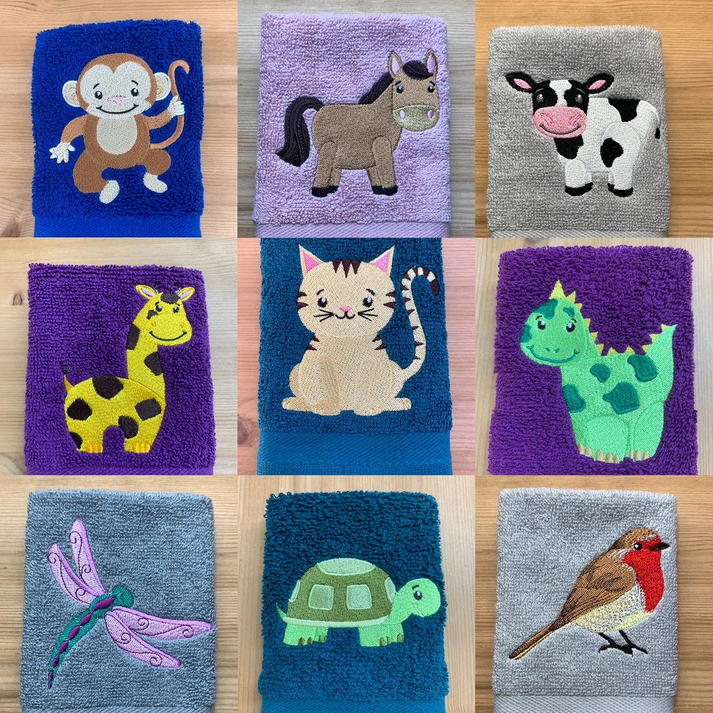 Animal designs lovingly embroidered onto face cloths to order at Coralie's Crafts & Gifts in Dorset, Perfect gifts for any animal lover.
