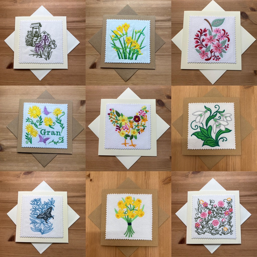 beautifully embroidered cards with floral designs, made by Coralie's Crafts & Gifts in Dorset