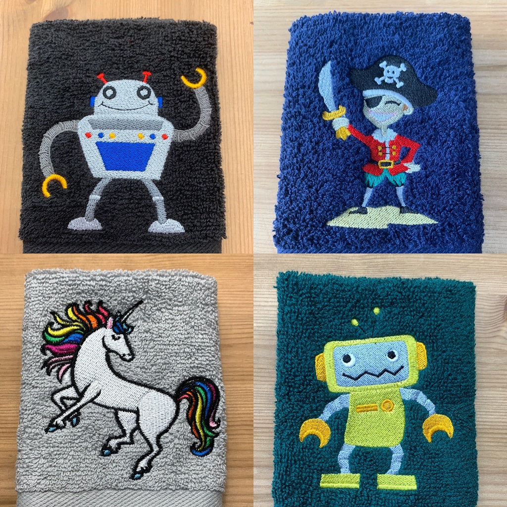 Mythical embroidery designs including unicorns, pirates, robots and much more, all embroidered to order at Coralie's Crafts & Gifts in Dorset. 