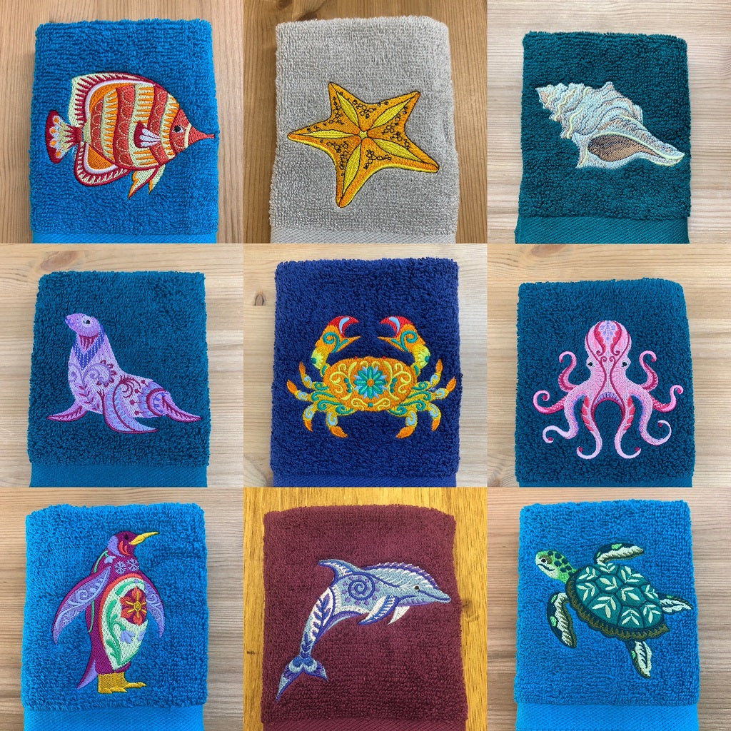 A wonderful selection of Sea life embroidery designs, that are embroidered onto super soft face cloths to order at Coralie's Crafts & Gifts in Dorset.