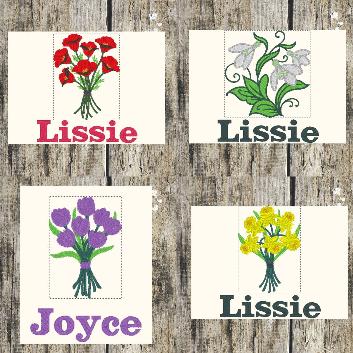 Layout pictures of Poppy bouquet, snowdrops, Tulips & Daffodils design with names added for personalisation