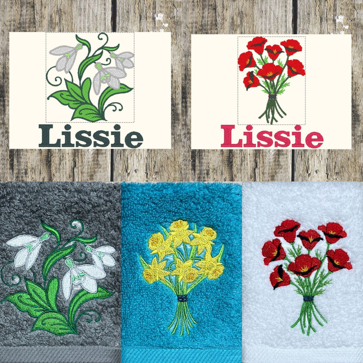 Beautiful floral design, like snowdrops, Poppies, daffodils & more designs. Embroidered onto face cloths or personalised with name onto hand towels, bath towels, bath Sheets.