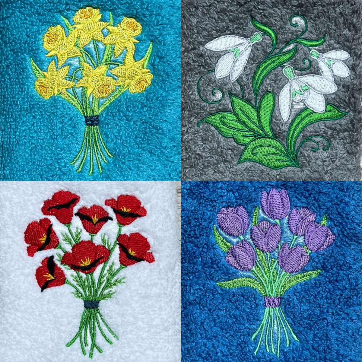 Beautiful floral designs embroidered onto super soft cotton facecloths that are sustainably sourced, by Coralie at Coralie's Crafts & Gifts in Dorset.