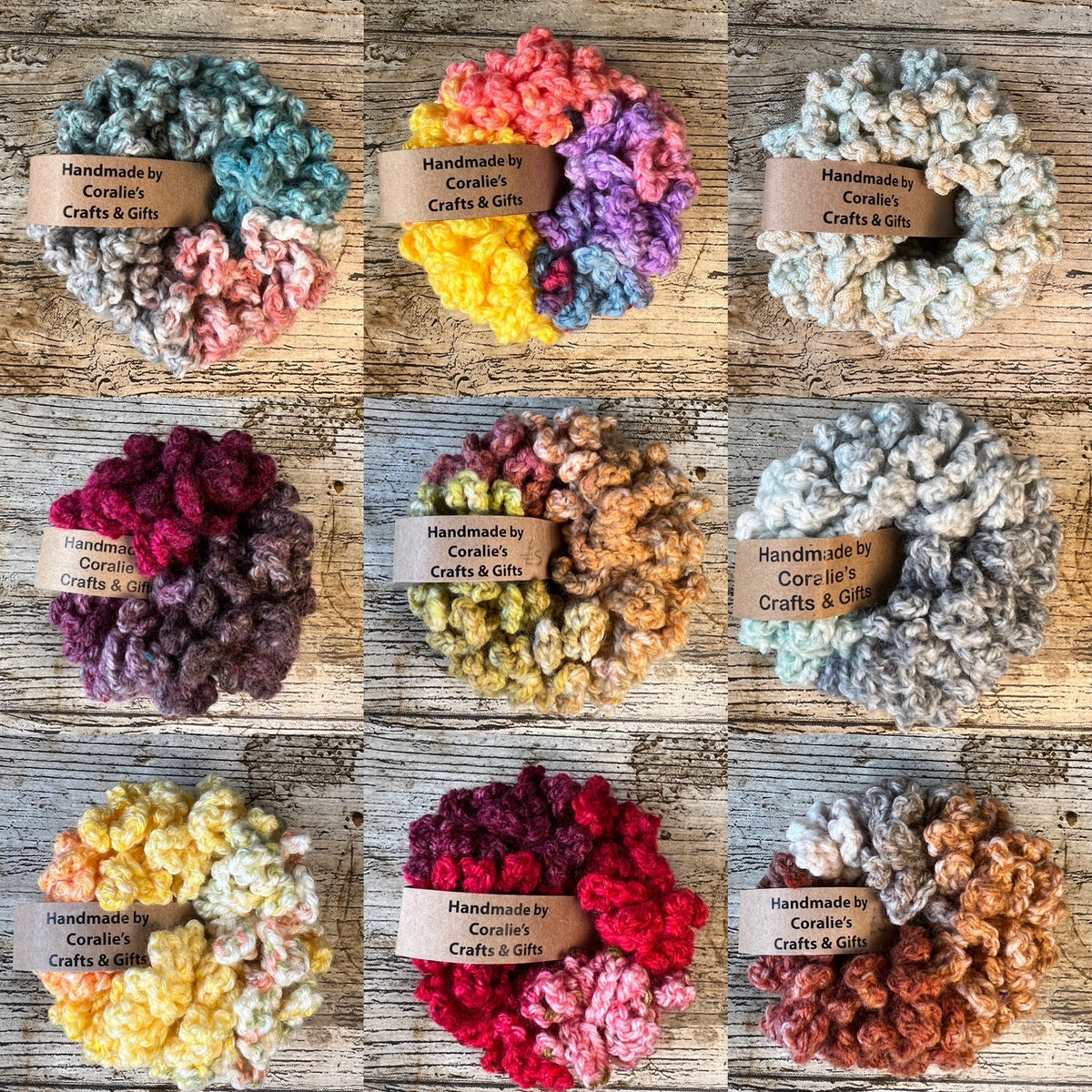 Fabulous Crocheted scrunchies made with varigated yarn, so each one comes out slightly different to the previous one.