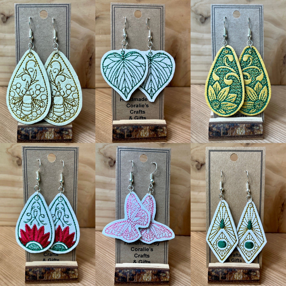 Beautiful selection of earring designs embroidered onto leather, cut out and made into earrings to wear, made at Coralie's Crafts & Gifts.