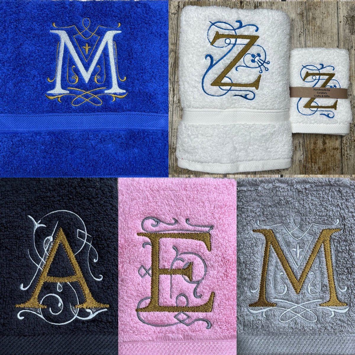 Beautiful Monogram collection, including face cloths, hand towels, bath towels and bath sheets