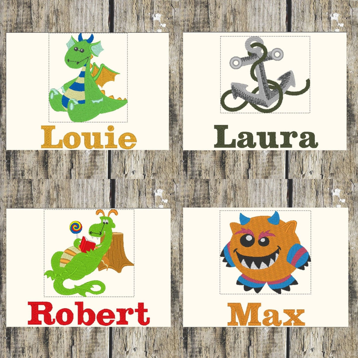 A Baby Dragon, Anchor, Reading Dragon and Monster Ball, laid out with Names underneath to showcase how the personalisation looks, on a wooden background