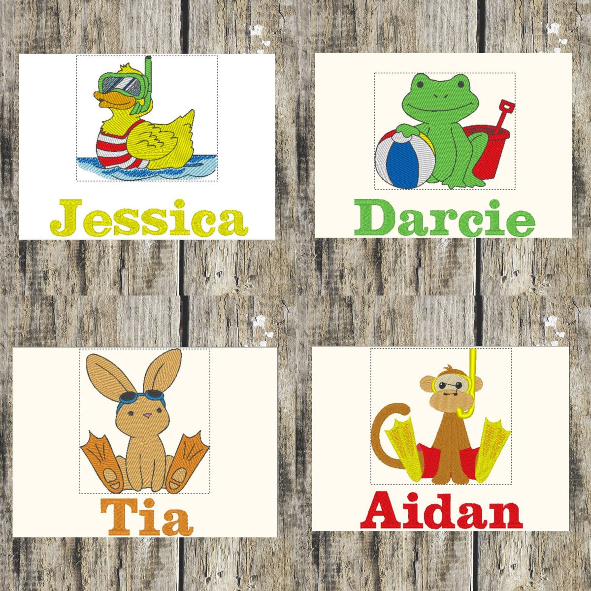 Design Beach Duck, Beach Frog, Beach Rabbit and Beach Monkey in a layout personalised with names on a wooden background