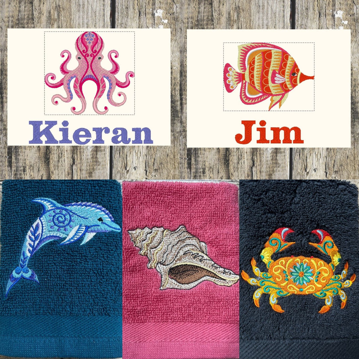 Designs Octopus & Crab with personalisation, and Dolphin, Seashell and Crab designs on Facecloths, all embroidered at Coralie's Crafts & gifts, Dorset.