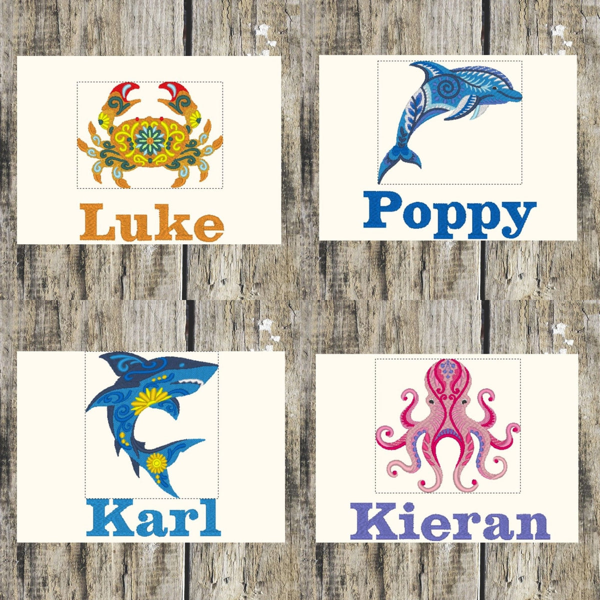 Beautiful funky crab, funky dolphin, funky shark and funky octopus designs, personalised with names on a wooden background