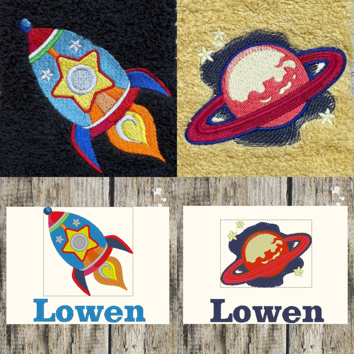 Space rocket and planet design face cloths with design layout for personalisation
