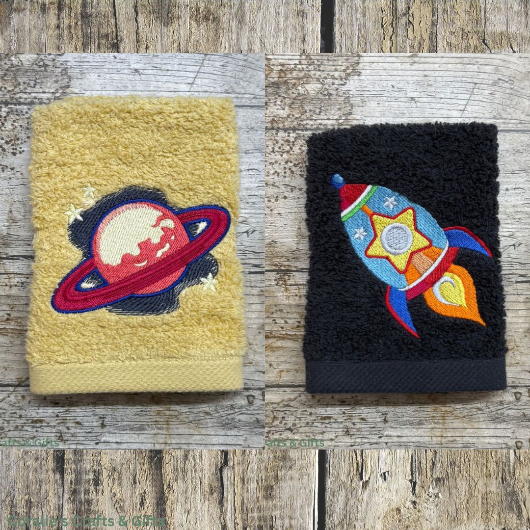 beautiful space design facecloths, a planet and a rocket  on a wooden background