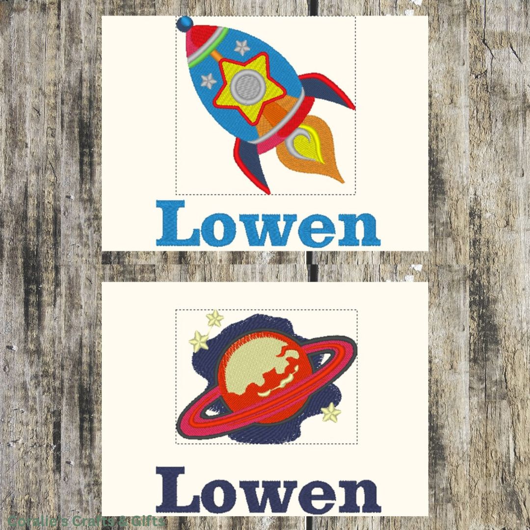 Picture shows both the rocket and planet design personalised with names, it show how they will look once embroidered onto towels