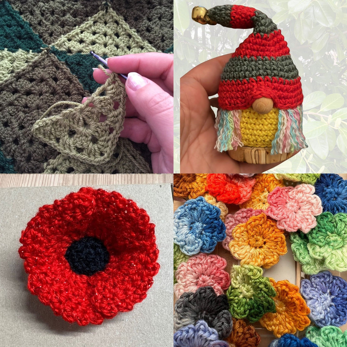 A beautiful photo showcasing just some of the themed crochet workshops that Coralie Teaches, including Crochet flowers, crochet poppy brooches and Crochet gonks