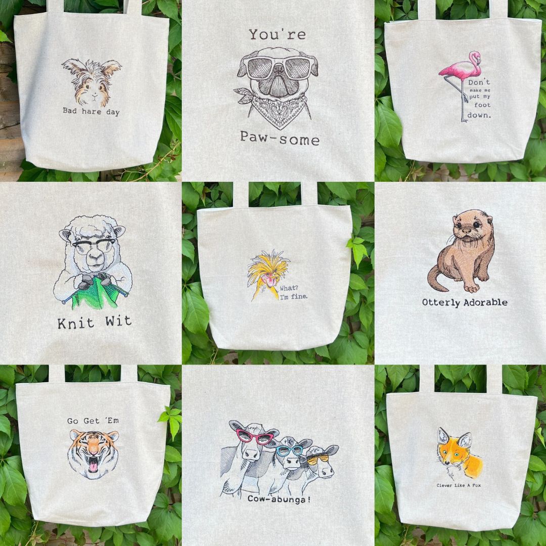 Beautiful Tote bags that are handmade and fully lined inside, containing a ocket inside for keys and embroidered with a quirky design on the front