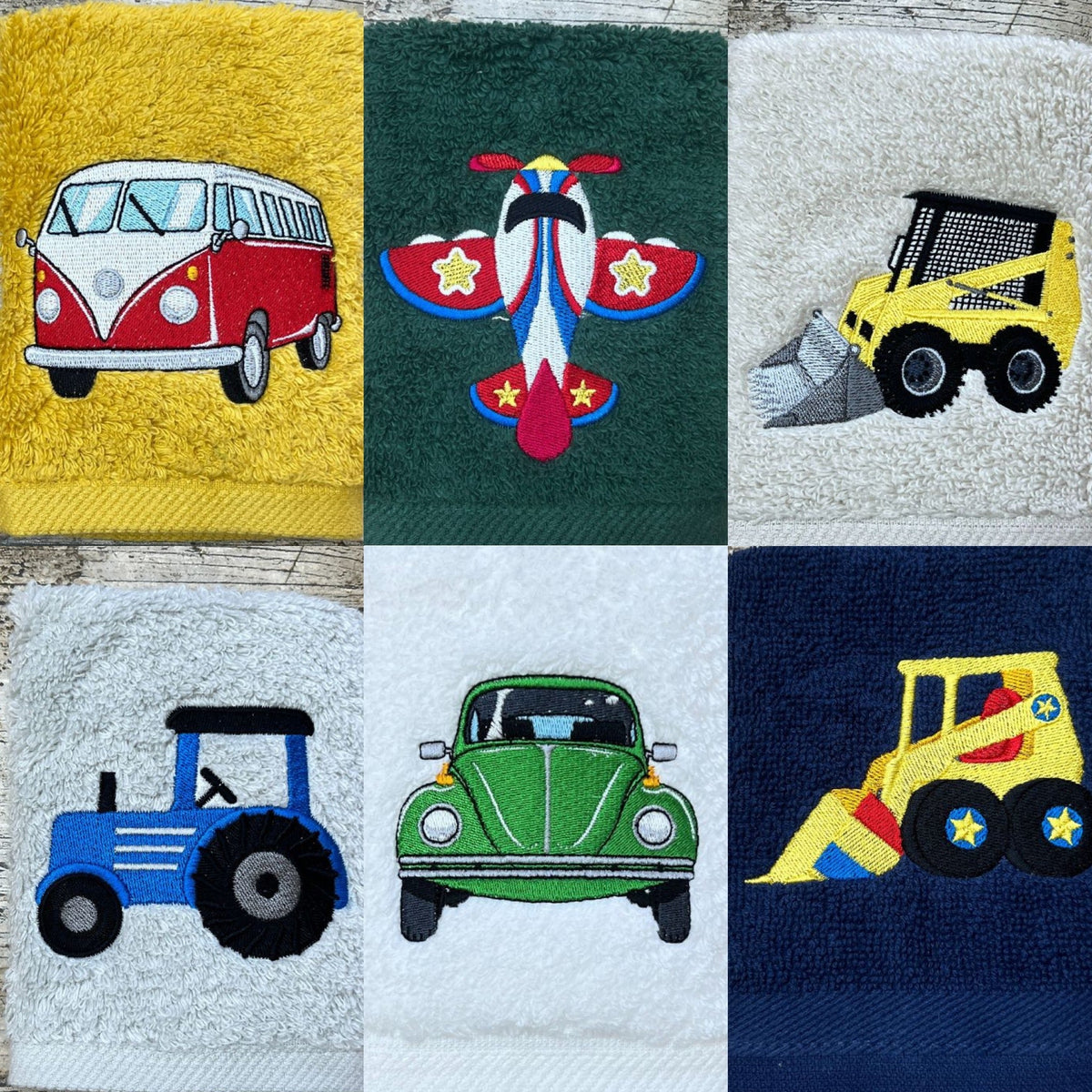 beautiful transport designs embroidered onto face cloths, wash cloths, flannels, by Coralie's Crafts & Gifts.