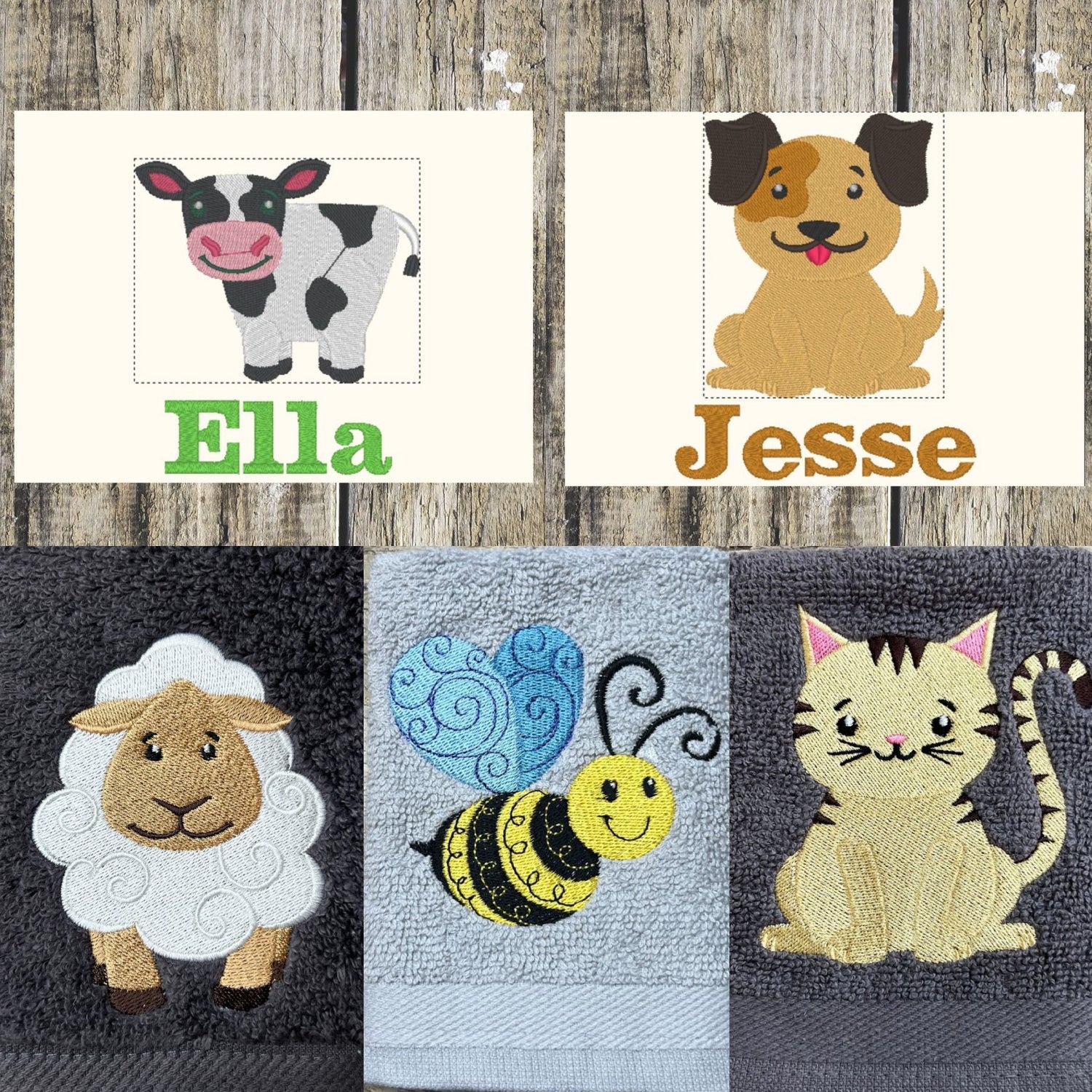 Beautiful photos of animal embroidery designs -sheep, bumblebee, cat, cow, and a dog