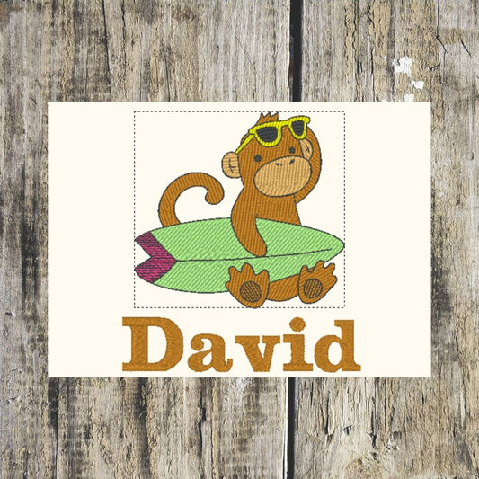 This fabulous monkey design is ready to go to the beach and surf the waves, once personalised with a name it can be embroidered onto hand towels, bath towels, bath sheets and hooded towels