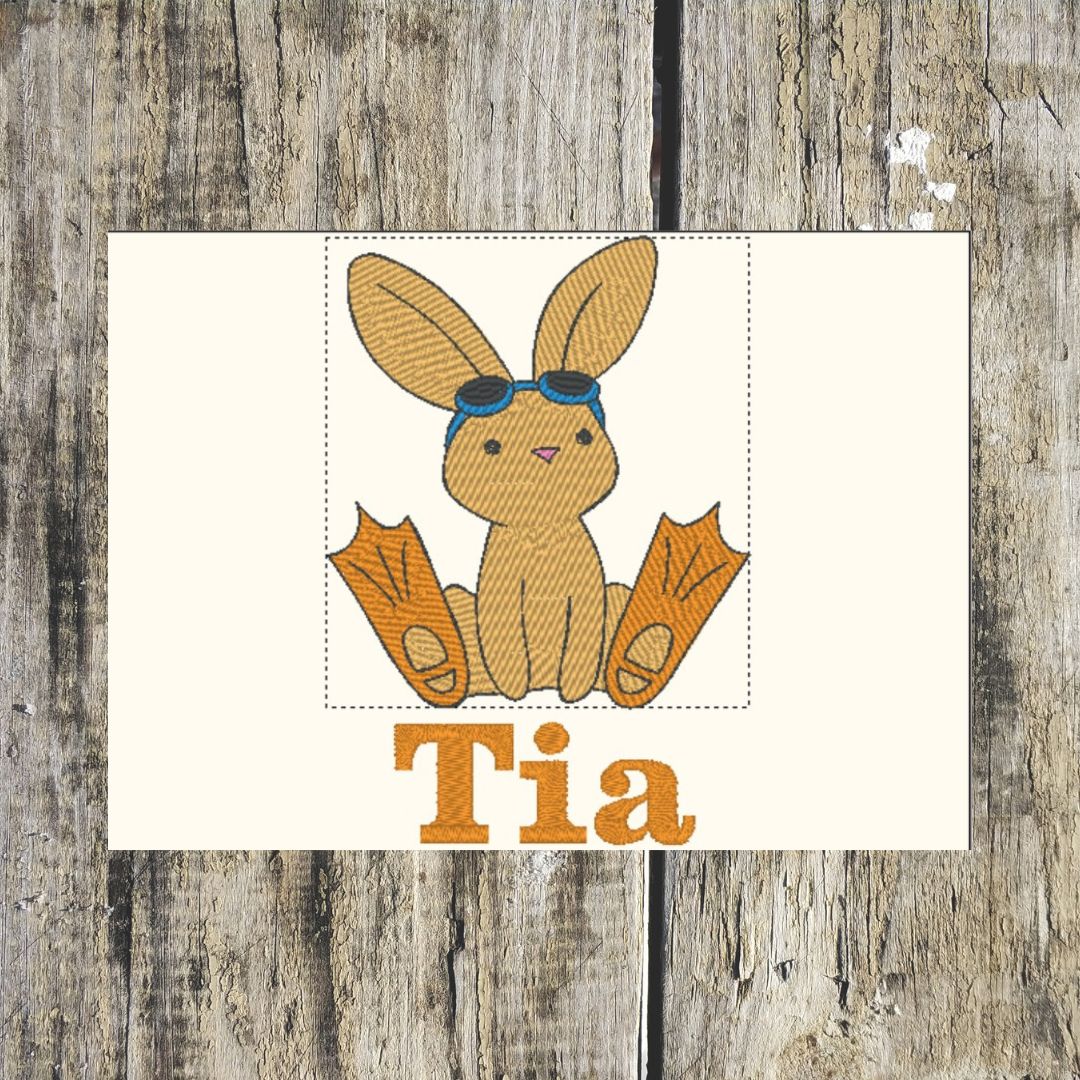 This rather cute rabbit is all ready to go swimming at the beach, with their flippers and googles, when personalised with a name its the perfect design to embroider onto hand towels, bath towels, bath sheets and hooded towels to order, at Coralie's Crafts & Gifts in Dorset