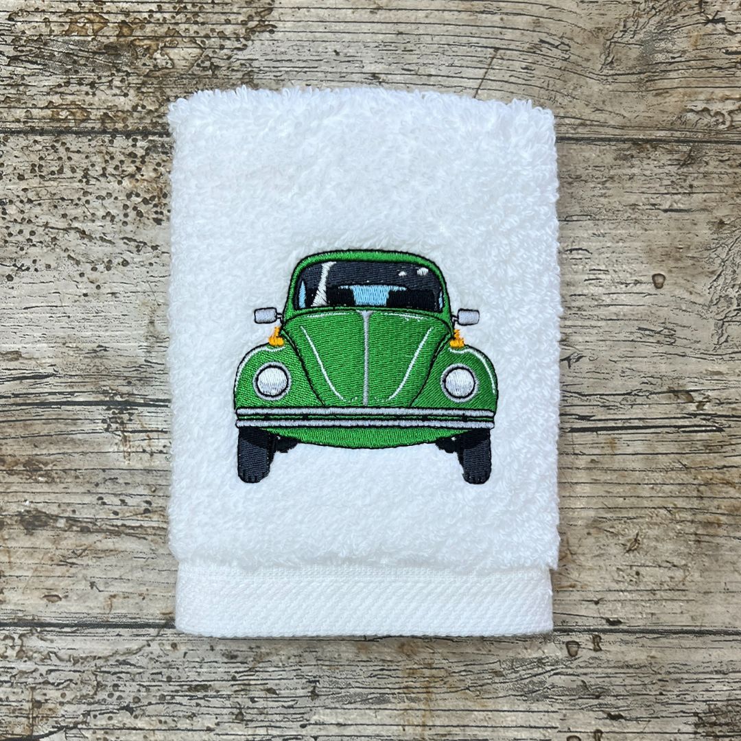 This fabulous beetle car design can be embroidered in any colour the customer would like and is embroidered onto super soft face cloths to order at Coralie's Crafts & Gifts.