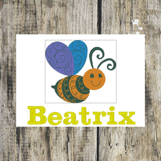 gorgeous bumblebee design personalised with a name that can be embroidered onto hand towels, bath towels, bath sheets and hooded towels.