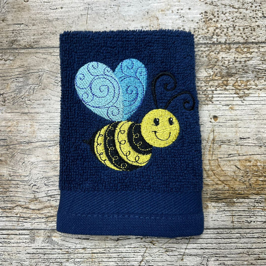 great bumble bee design embroidered onto face cloths to order at Coralie's Crafts & Gifts in Dorset