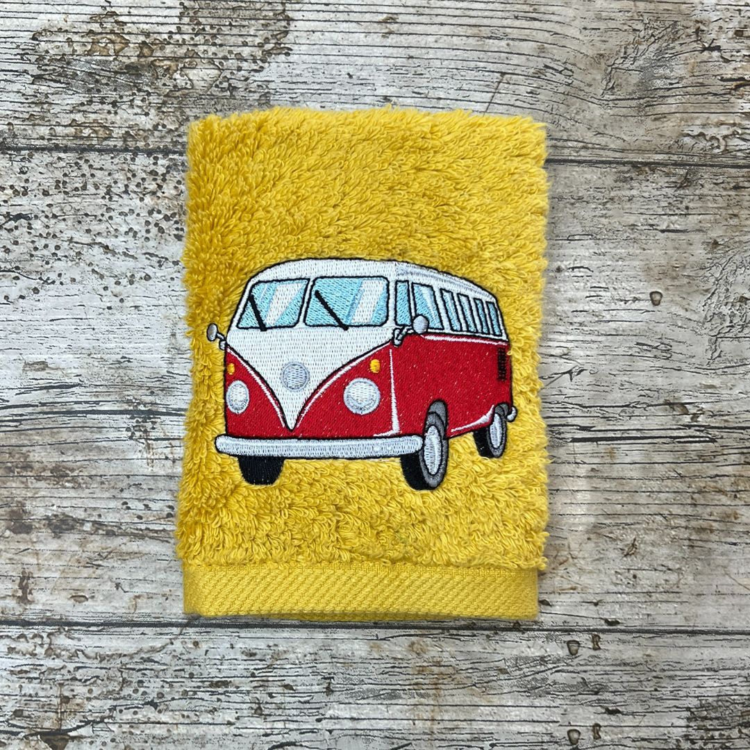 This fabulous campervan design and be embroidered in not just red, but either blue, green or yellow. the design is embroidered onto to super soft face cloths by Coralie's Crafts & Gifts in Dorset.