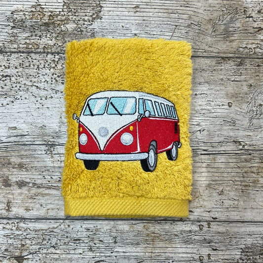 This fabulous campervan design and be embroidered in not just red, but either blue, green or yellow. the design is embroidered onto to super soft face cloths by Coralie's Crafts & Gifts in Dorset.