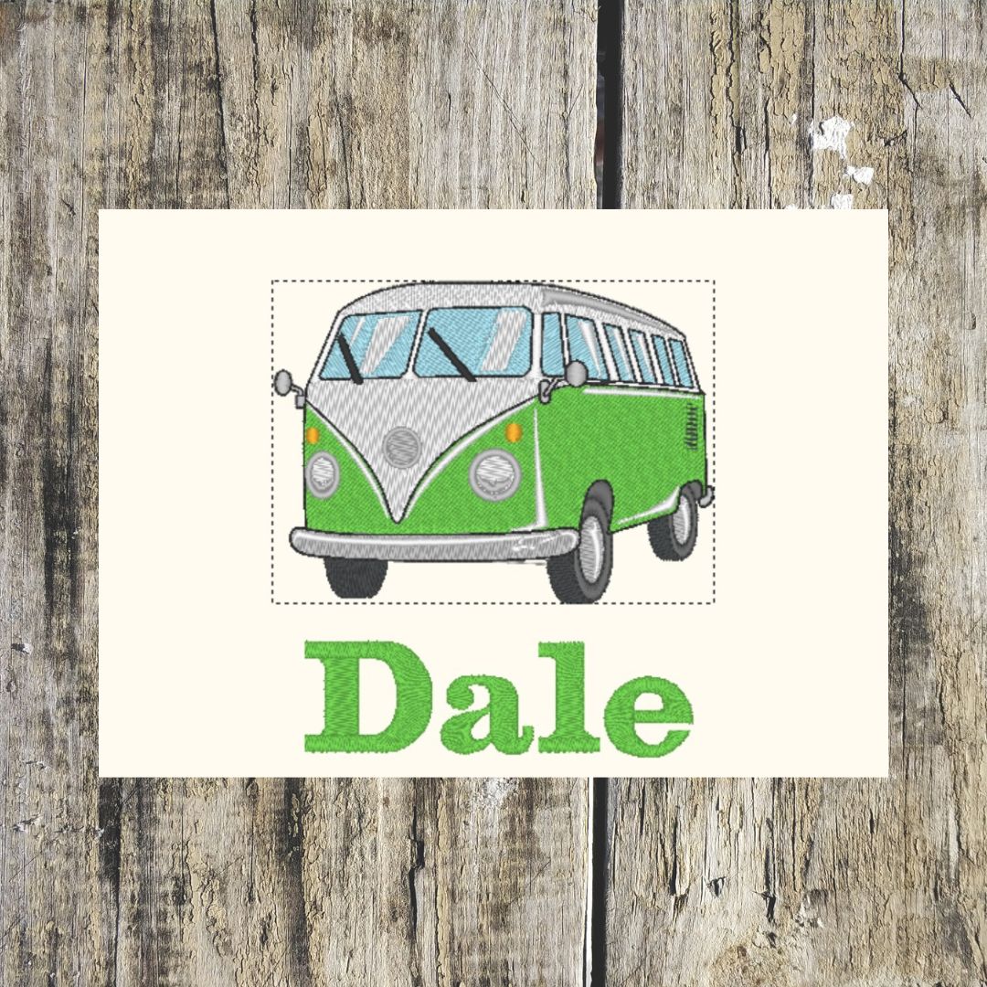 Beautiful Green Campervan design, which is the old classic vehicle, with the personalised name embroidered below. This design can be embroidered onto hand towels, bath towels, bath sheets or hooded towels.