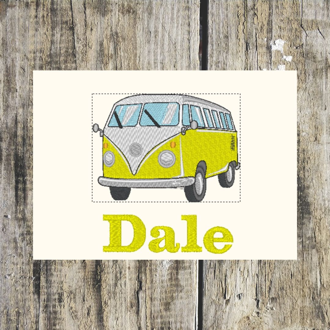 Beautiful Yellow Campervan design, which is the old classic vehicle, with the personalised name embroidered below. This design can be embroidered onto hand towels, bath towels, bath sheets or hooded towels.