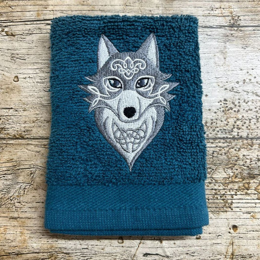 A beautiful Celtic Wolf design is embroidered onto super soft face cloths to order at Coralie's Crafts & Gifts in Dorset and is a perfect gift for any wolf fan.