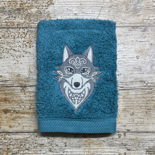 A beautiful Celtic Wolf design is embroidered onto super soft face cloths to order at Coralie's Crafts & Gifts in Dorset and is a perfect gift for any wolf fan.