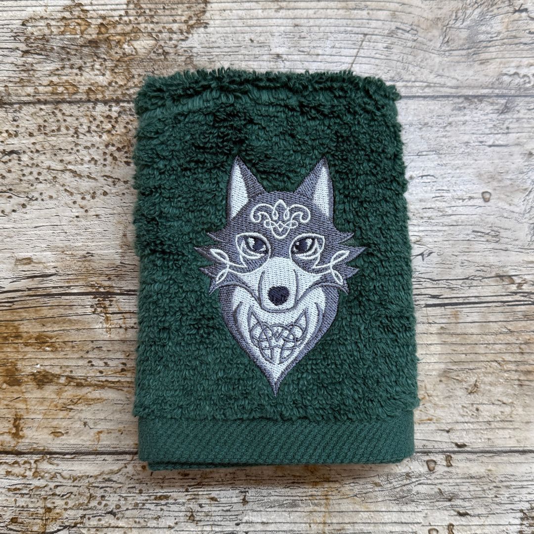 A beautiful Celtic Wolf design is embroidered onto super soft face cloths to order at Coralie's Crafts & Gifts in Dorset and is a perfect gift for any wolf fan.