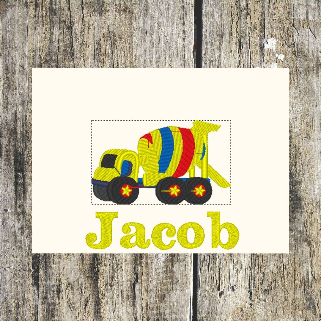 Cement Mixer Design personalised with the name Jacob underneath on a wooden background.