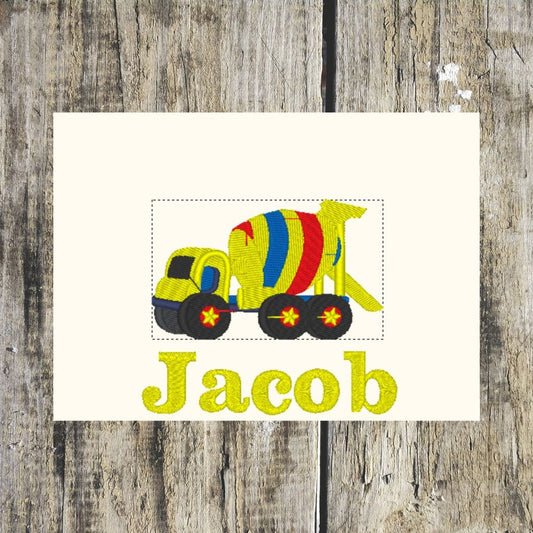 Cement Mixer Design personalised with the name Jacob underneath on a wooden background.