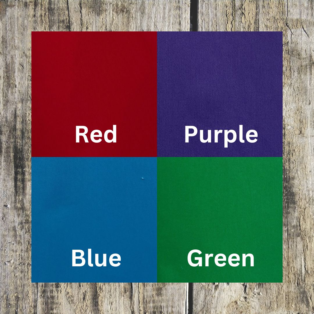 Apron colours that are available to order, this includes red, purple, blue and Green on this picture.
