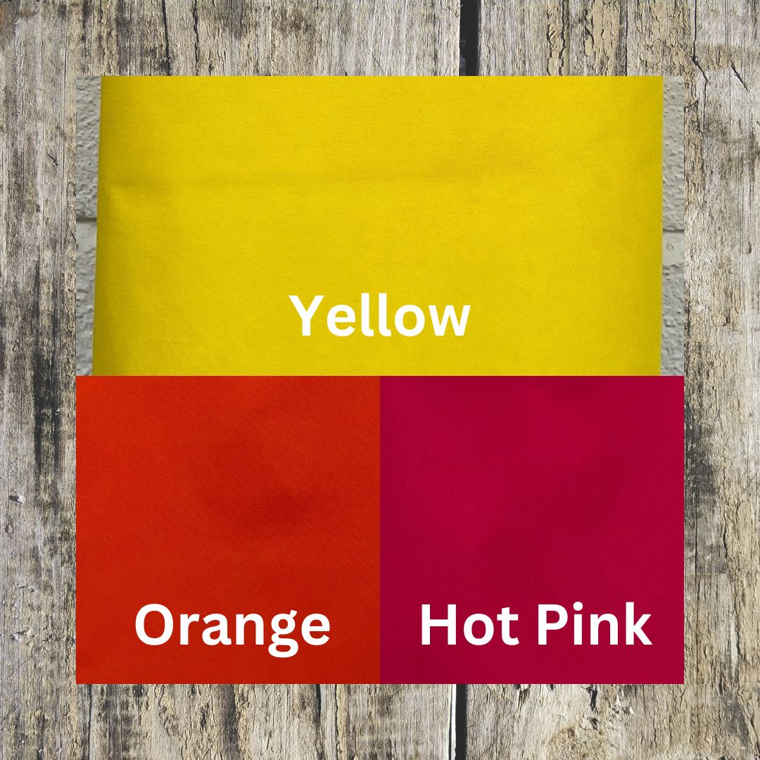 Apron colours that can be ordered in picture 2, these colours are yellow, orange and hot pink.